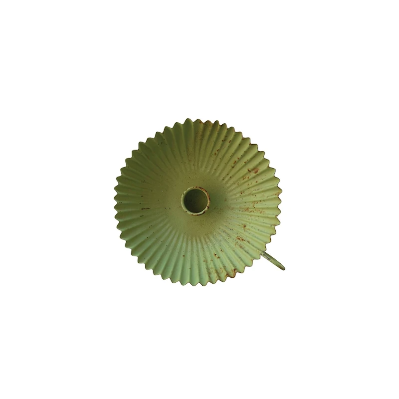 Hello Honey® 7" Distressed Green Large Scalloped Painted Metal Taper Candleholder with Handle