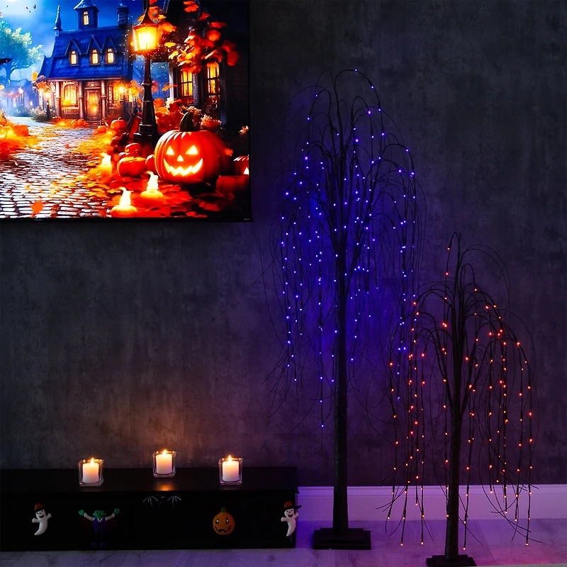 6ft. Orange & Purple LED Pre-Lit Halloween Black Willow Artificial Fall Tree