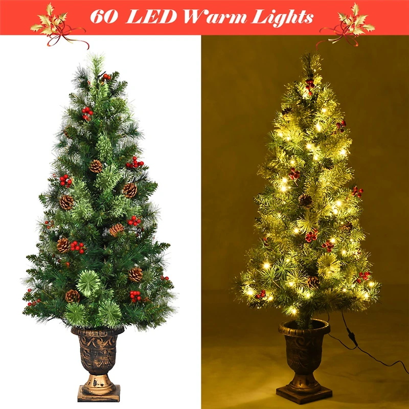 Costway 4ft. Pre-Lit Entrance Artificial Christmas Tree in Gold Urn, Warm White LED Lights