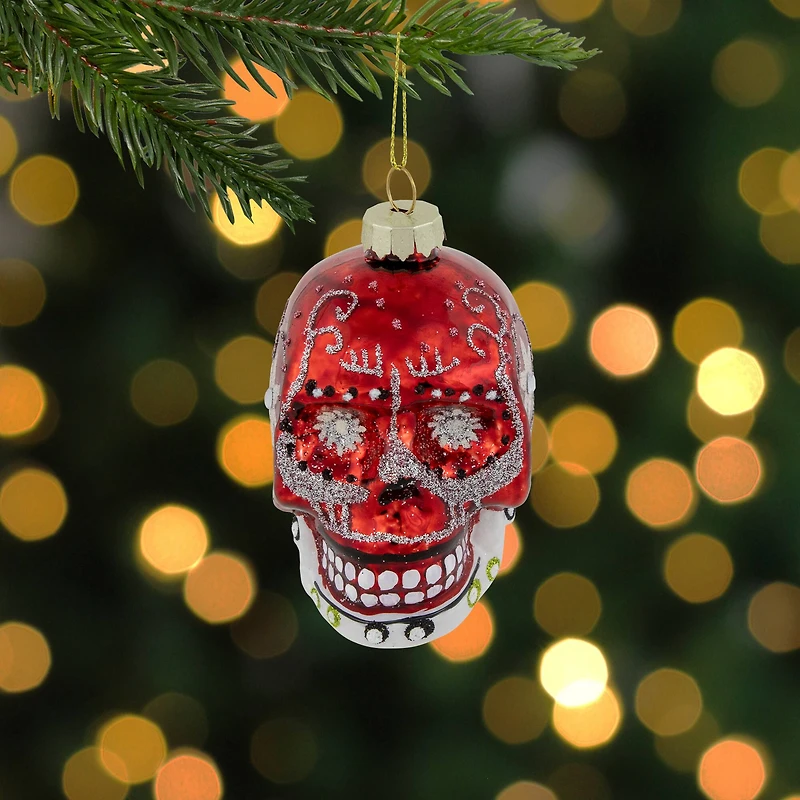 Day of the Dead Skull Head Glitter Glass Christmas Ornament - 3.5" - Red