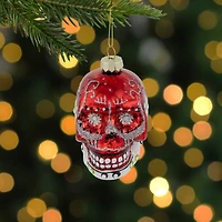 Day of the Dead Skull Head Glitter Glass Christmas Ornament - 3.5" - Red
