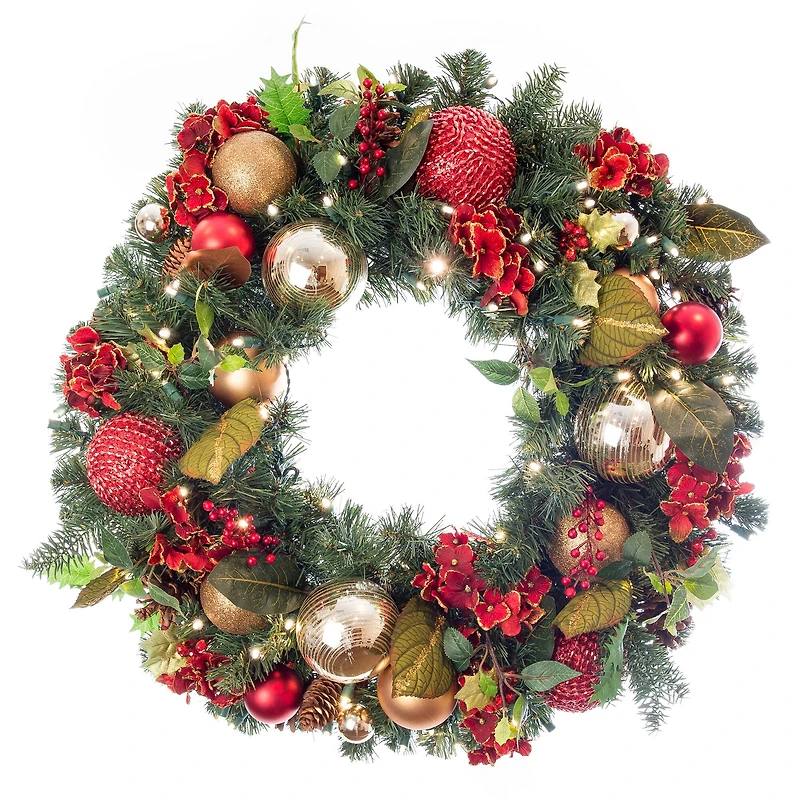 Village Lighting 30" Pre-Lit Scarlet Hydrangea Christmas Wreath, Clear LED Lights