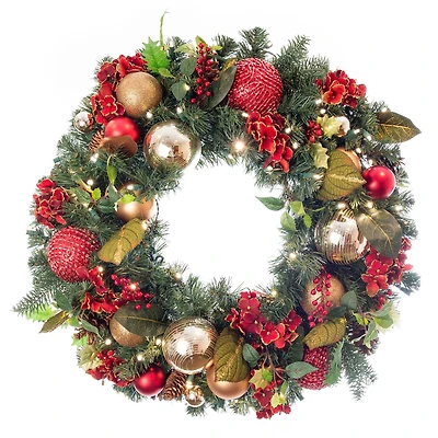 Village Lighting 30" Pre-Lit Scarlet Hydrangea Christmas Wreath, Clear LED Lights