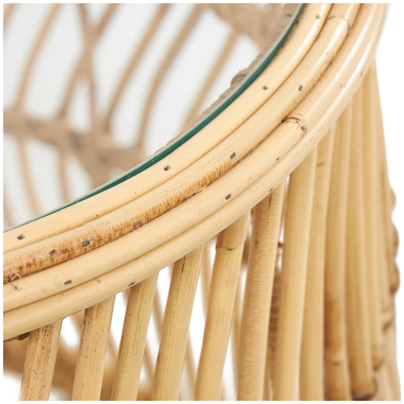 Brown Rattan Handmade Wavy Woven Accent Table with Glass Top