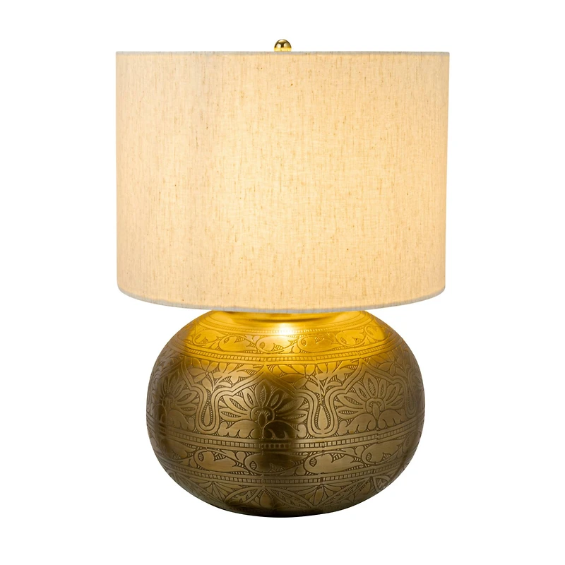 Hello Honey® 20" Antique Brass Finish Round Etched Metal Table Lamp with Cotton Shade