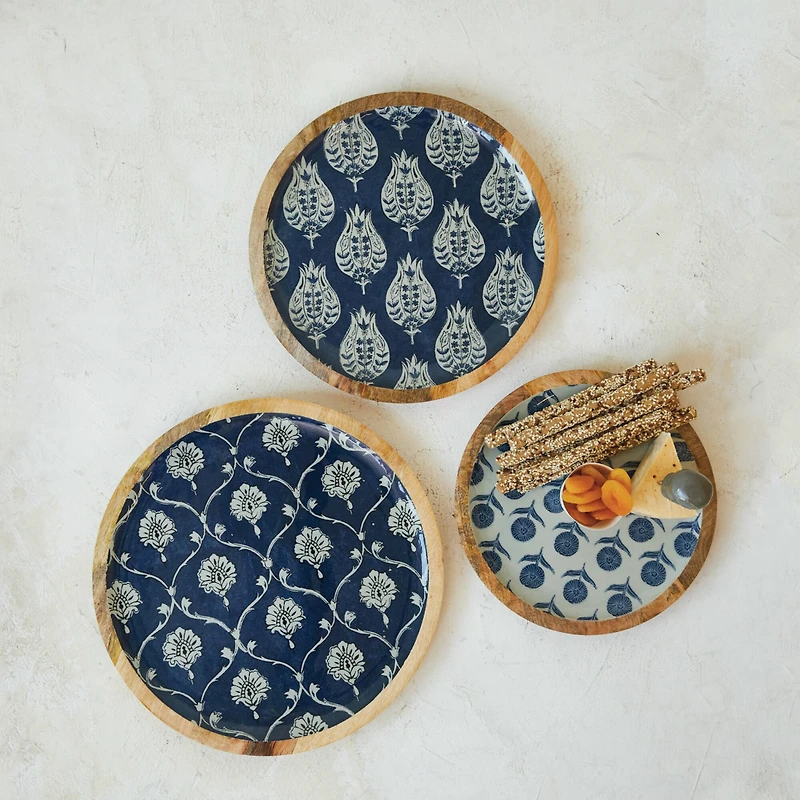 Hello Honey® Blue Floral Enameled Round Mango Wood Tray Set