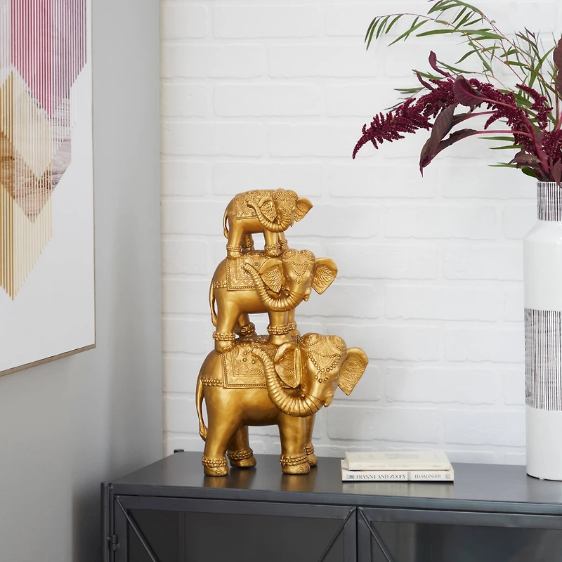 17" Gold Glam Stacked Elephant Sculpture