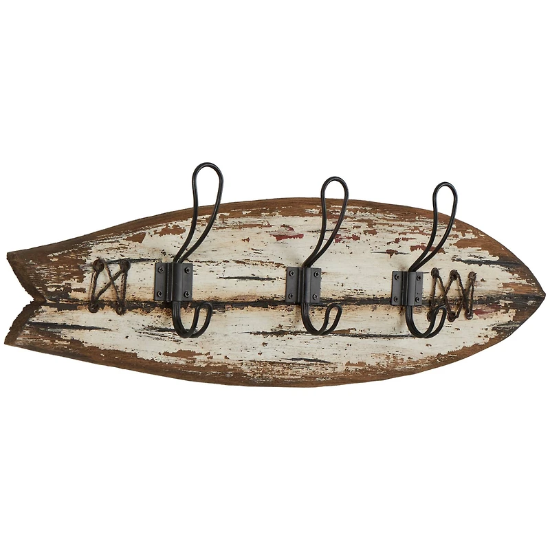 22.5" x 7" Brown Wood Handmade Distressed Fish Shaped 3 Hanger Wall Hook with Metal Accents