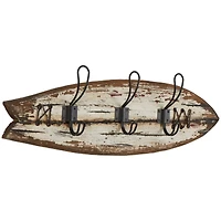 22.5" x 7" Brown Wood Handmade Distressed Fish Shaped 3 Hanger Wall Hook with Metal Accents