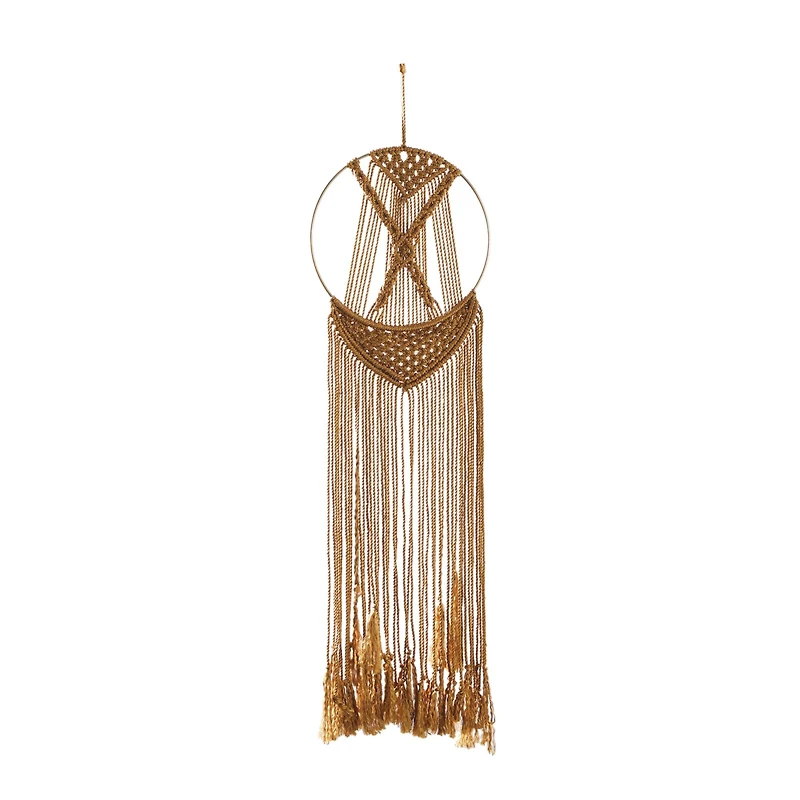 Brown Fabric Handmade Intricately Weaved Macrame Wall Decor with Beaded Fringe Tassels 10" x 0" x 39"