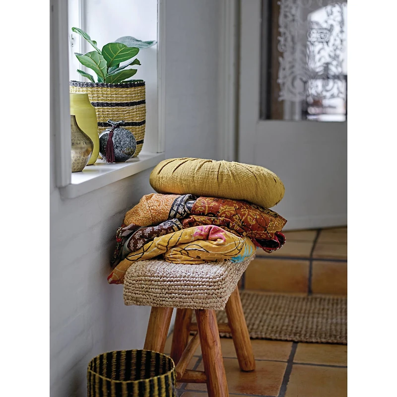 Hello Honey® 18" Woven Mendong Covered Stool with Teak Wood Legs