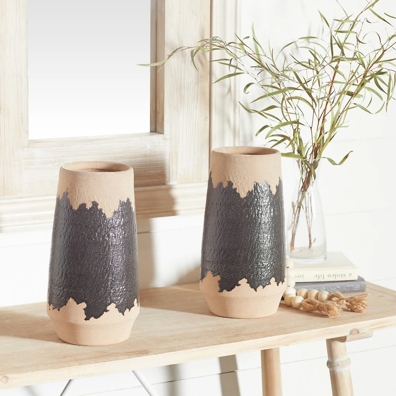 Set of 2 Black Porcelain Contemporary Vase, 7" x 12"