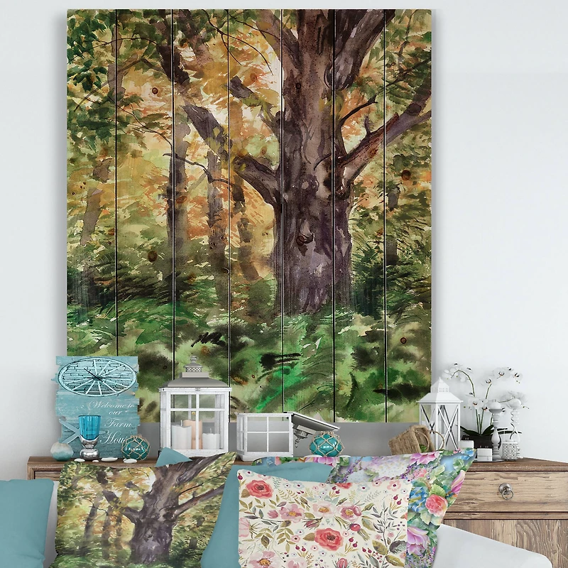 Designart - Large Tree In Autumn Forest - Lake House Print on Natural Pine Wood
