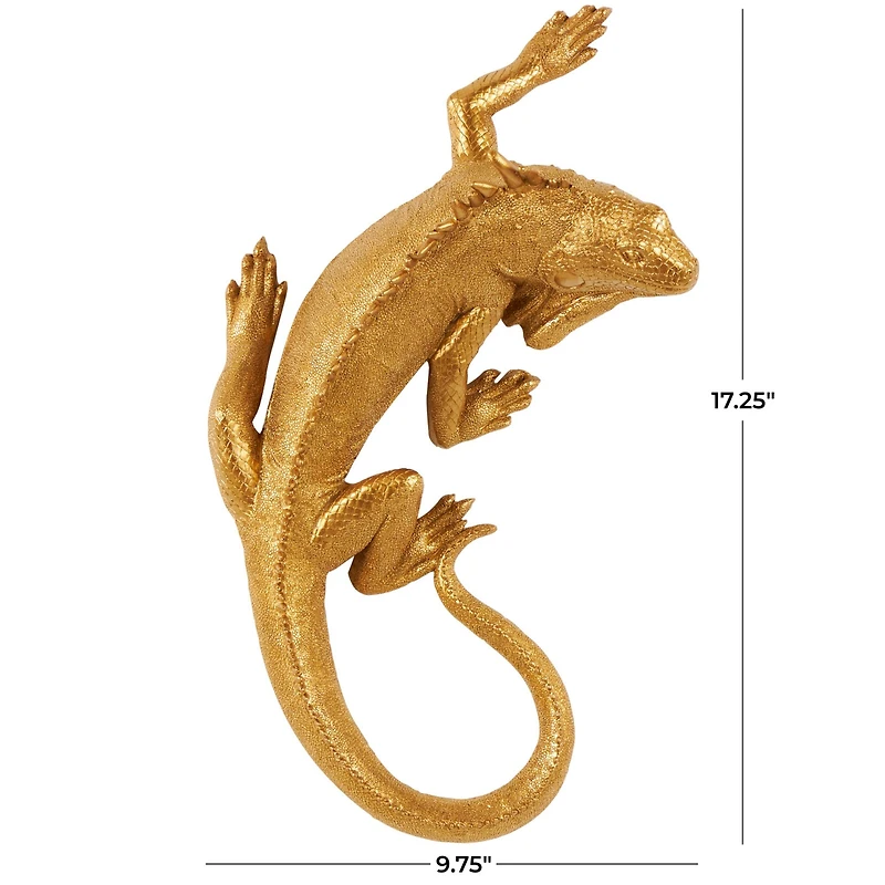 17" Gold Polystone Textured Climbing Lizard Sculpture