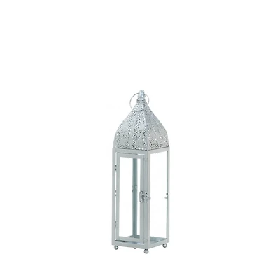 15" Small Silver Metal Rectangular Moroccan Style Candle Lantern