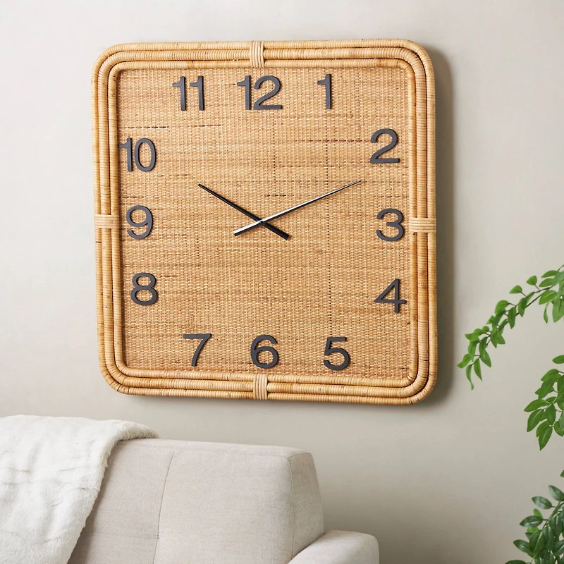 31" Brown Wood & Rattan Handmade Woven Decorative Wall Clock