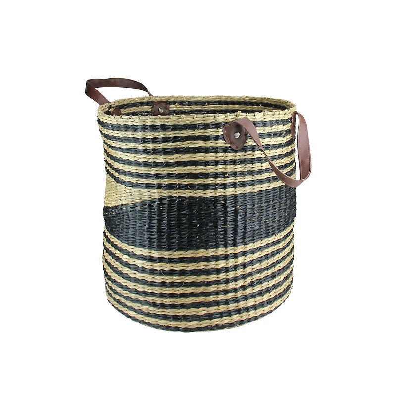 15.5" Beige & Black Woven Seagrass Basket with Handles
