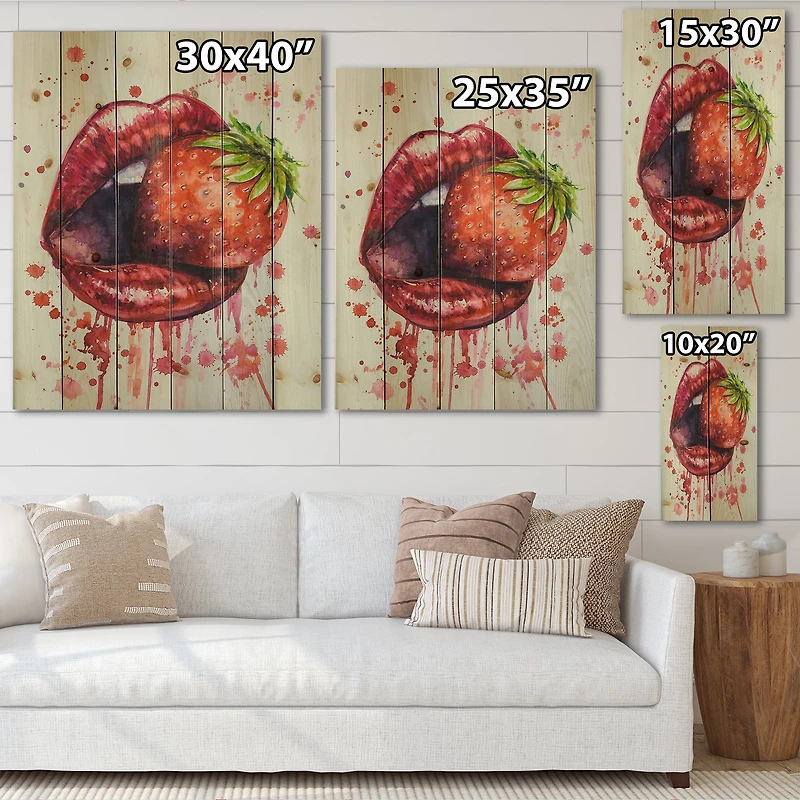 Designart - Red Woman Lips Eating A Strawberry