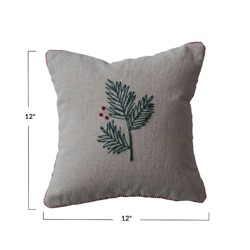 Hello Honey® 12" Hand-Embroidered Holly Cotton & Linen Throw Pillow with Blanket Stitch Edge