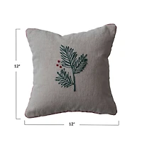 Hello Honey® 12" Hand-Embroidered Holly Cotton & Linen Throw Pillow with Blanket Stitch Edge