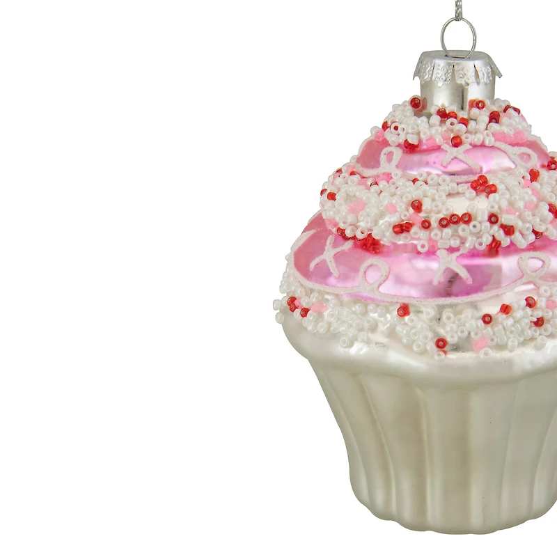 4" Pink & White Cupcake with Sprinkles Glass Ornament