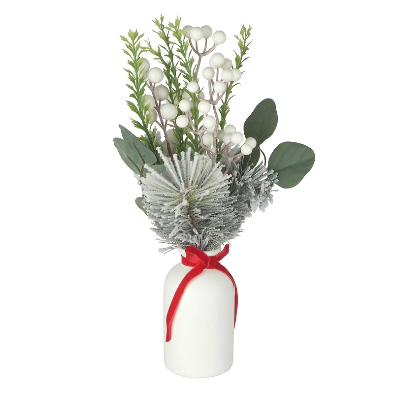 16.25" Snowy Greenery & White Berry Arrangement in White Ceramic Vase by Ashland®