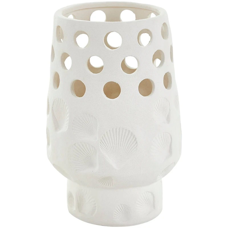 10" White Ceramic Shell Vase with Circular Cutouts