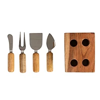 Hello Honey Black Marble Cheese Server Set with Mango Wood Stand