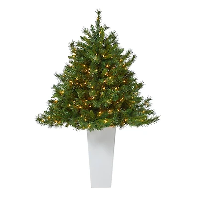 4.5ft. Pre-Lit Wyoming Mixed Pine Artificial Christmas Tree in White Tower Planter, Clear Lights