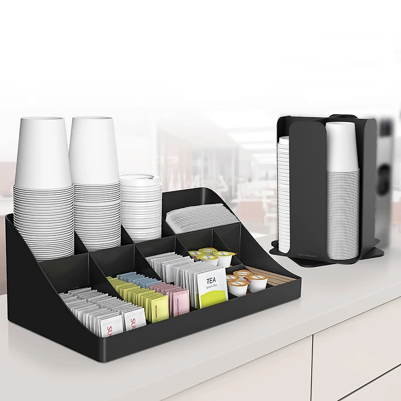 Mind Reader Black 15-Compartment Cup and Lid Organizer and Breakroom and Coffee Condiment Organizer
