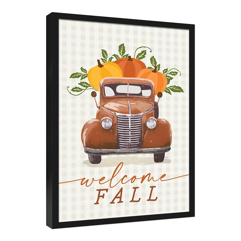 Welcome Pumpkin Truck Canvas Wall Art with Black Frame