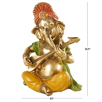 10.75" Gold Ganesh Musician Decorative Sculpture with Green, Yellow, and Red Accents