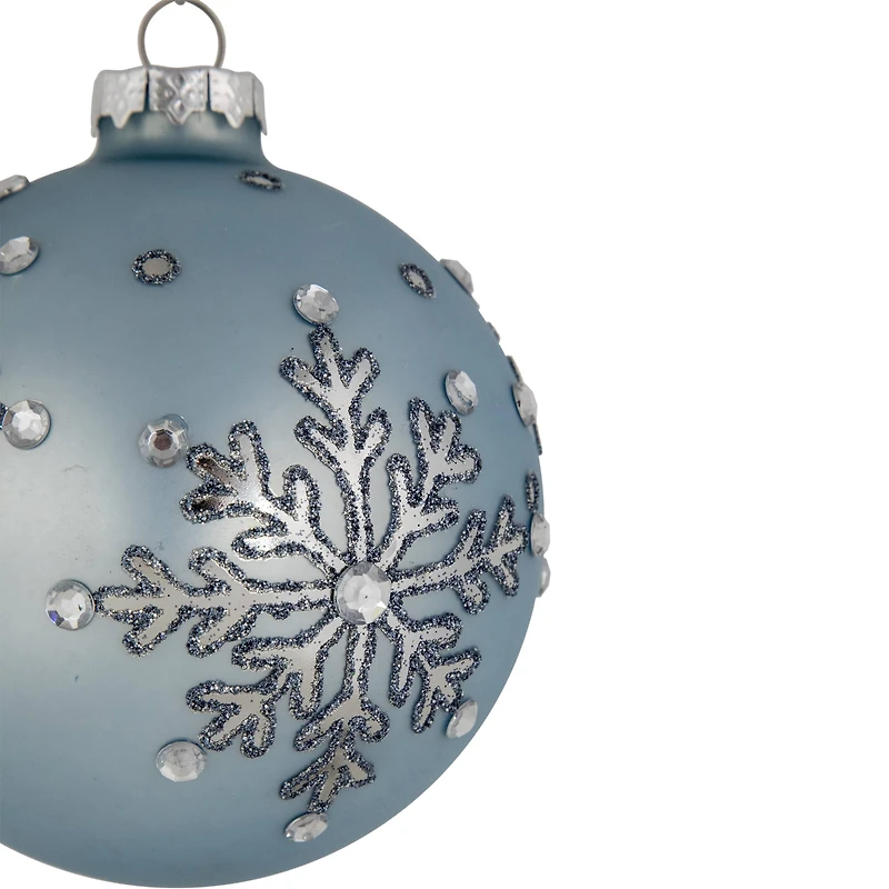 2ct. 4" Light Blue Jeweled Reflective Snowflakes Glass Ball Ornaments