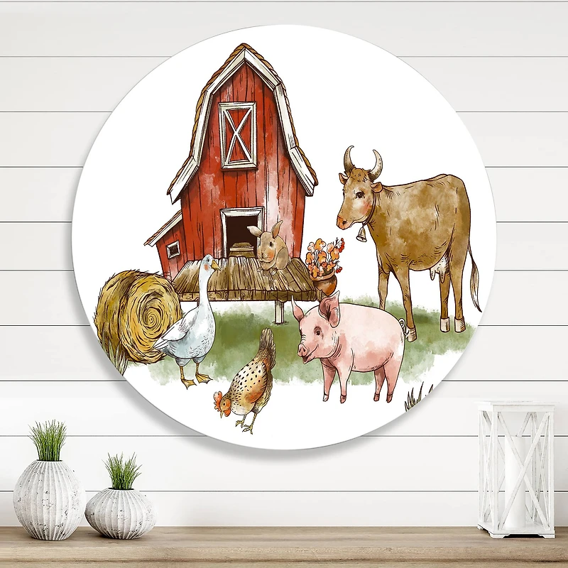 Designart - Farm House With Goose Chicken Cow Pig and Haystack