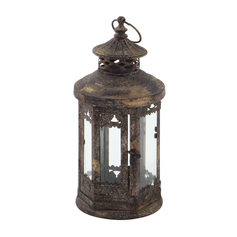 Brown Iron Rustic Candle Holder Lantern, 13" x 6" x 6"
