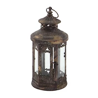 Brown Iron Rustic Candle Holder Lantern, 13" x 6" x 6"