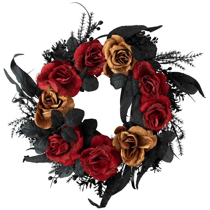22" Red & Gold Roses with Black Foliage Halloween Wreath