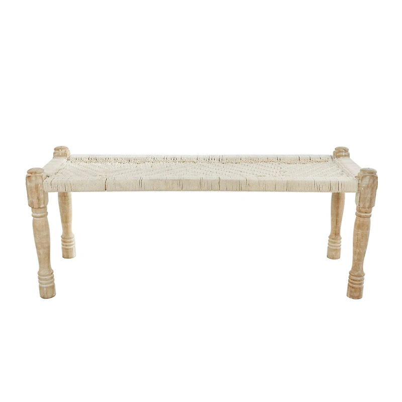 Beige Cotton Handmade Woven Chevron Bench with Mango Wood Legs