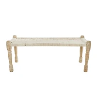Beige Cotton Handmade Woven Chevron Bench with Mango Wood Legs