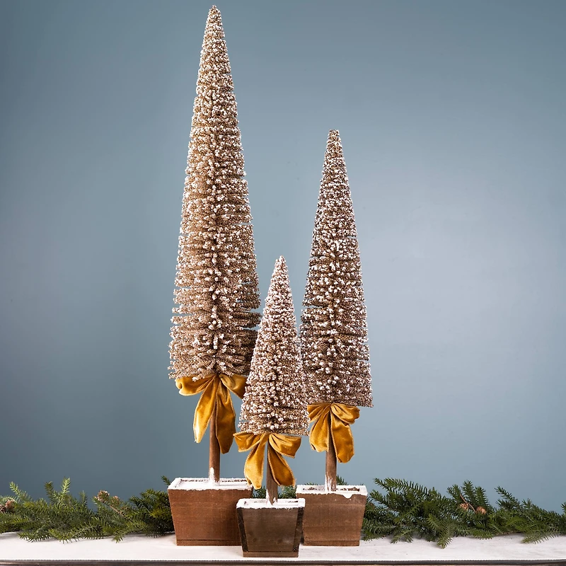 Glittery Golden Potted Pine Tree Tabletop Décor Set, 39", 30" & 20.5"