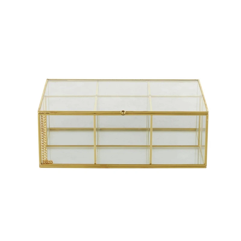 10" x 7" x 4" Clear & Gold 6-Slot Glass & Metal Jewelry Box with Chain Accent