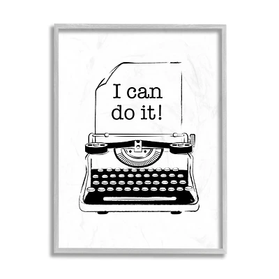 Stupell Industries Vintage Typewriter I Can Inspirational Phrase Gray Framed Wall Art