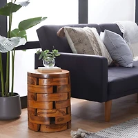 18" Brown Teak Contemporary Footstool