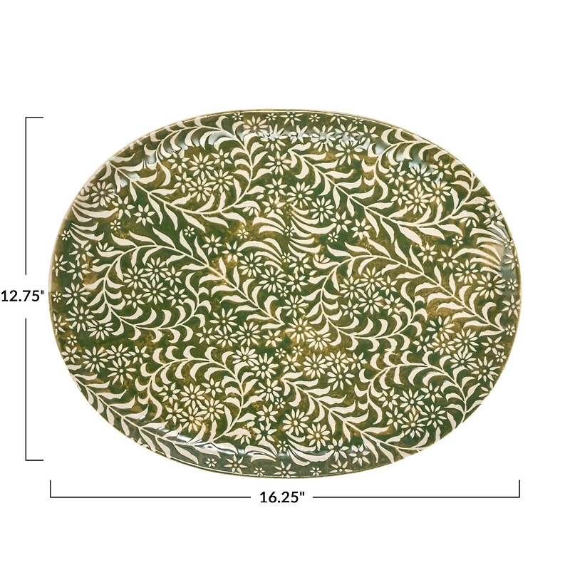Hello Honey® 16.25" Green Wax Relief Botanicals Stoneware Platter