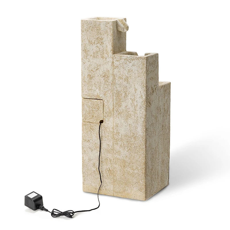 Glitzhome® 34" 4-Tier Faux Terrazzo Geometric Square Column Outdoor Fountain with LED Light