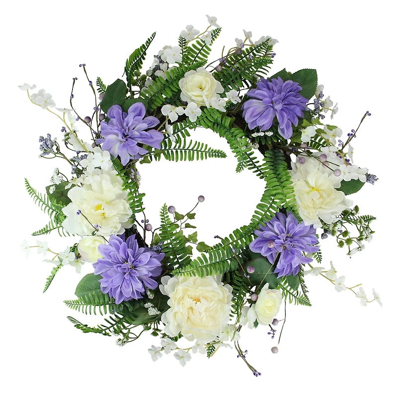 22" Purple & White Peony & Daisy Assorted Foliage Artificial Spring Wreath
