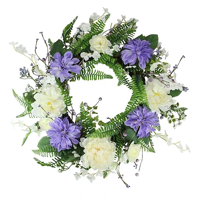 22" Purple & White Peony & Daisy Assorted Foliage Artificial Spring Wreath