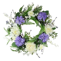 22" Purple & White Peony & Daisy Assorted Foliage Artificial Spring Wreath
