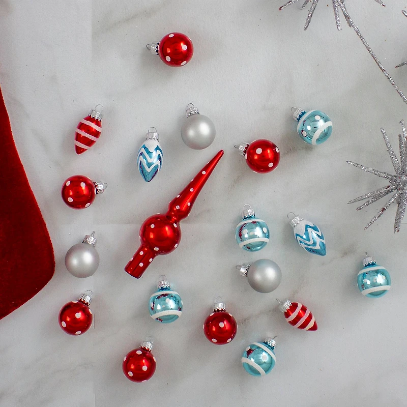 19ct. Red & Blue Frosted Glass Ornaments & Tree Topper Set