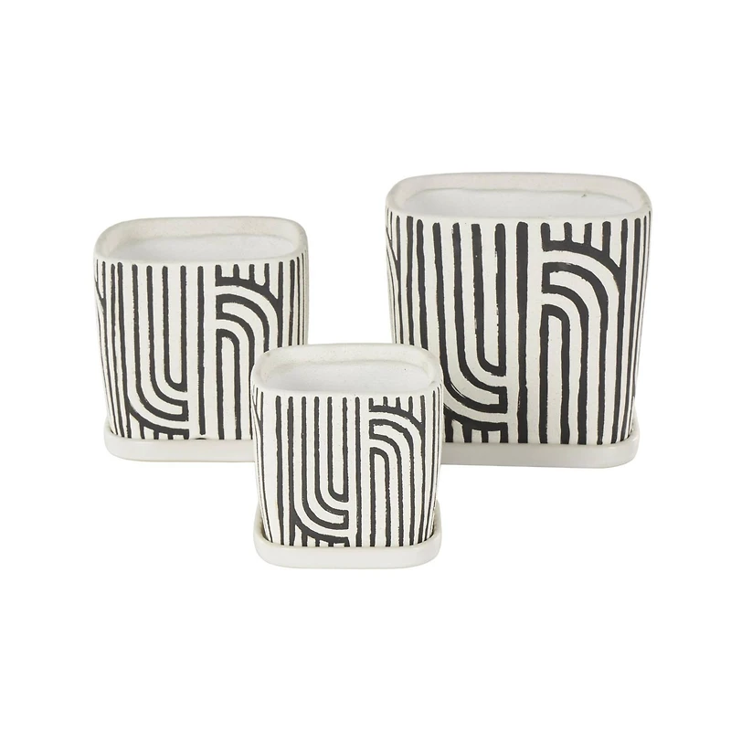 Black Geometric Linear Arch Pattern Ceramic Planter Set